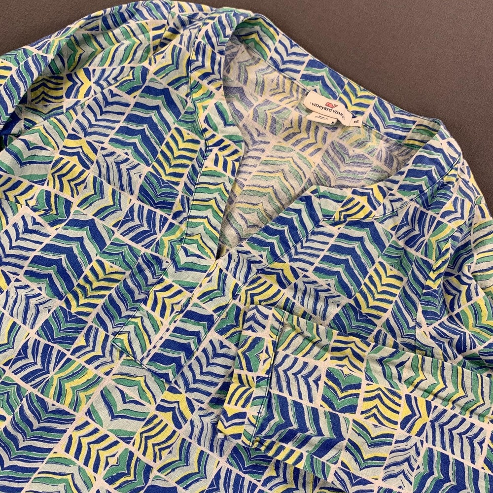 Vineyard Vines Shirt Womens XS Blue Green Linen Cotton Tunic 3/4 Sleeve V Neck